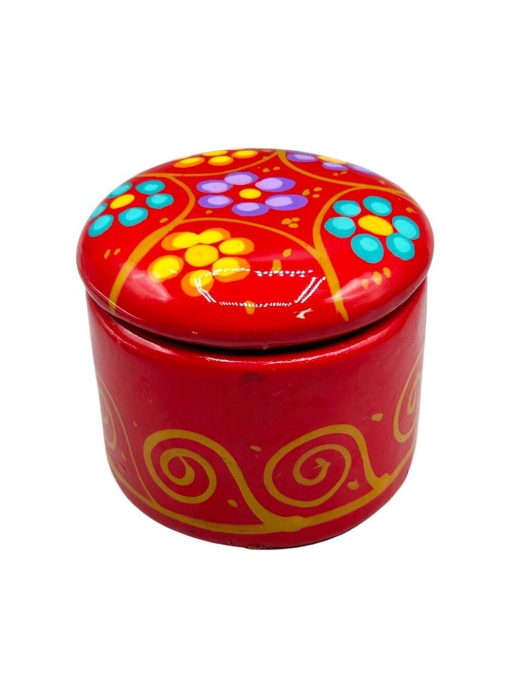 Vtg Mexican Redware Trinket Box Red Flower Pottery Terracotta Hand Painted